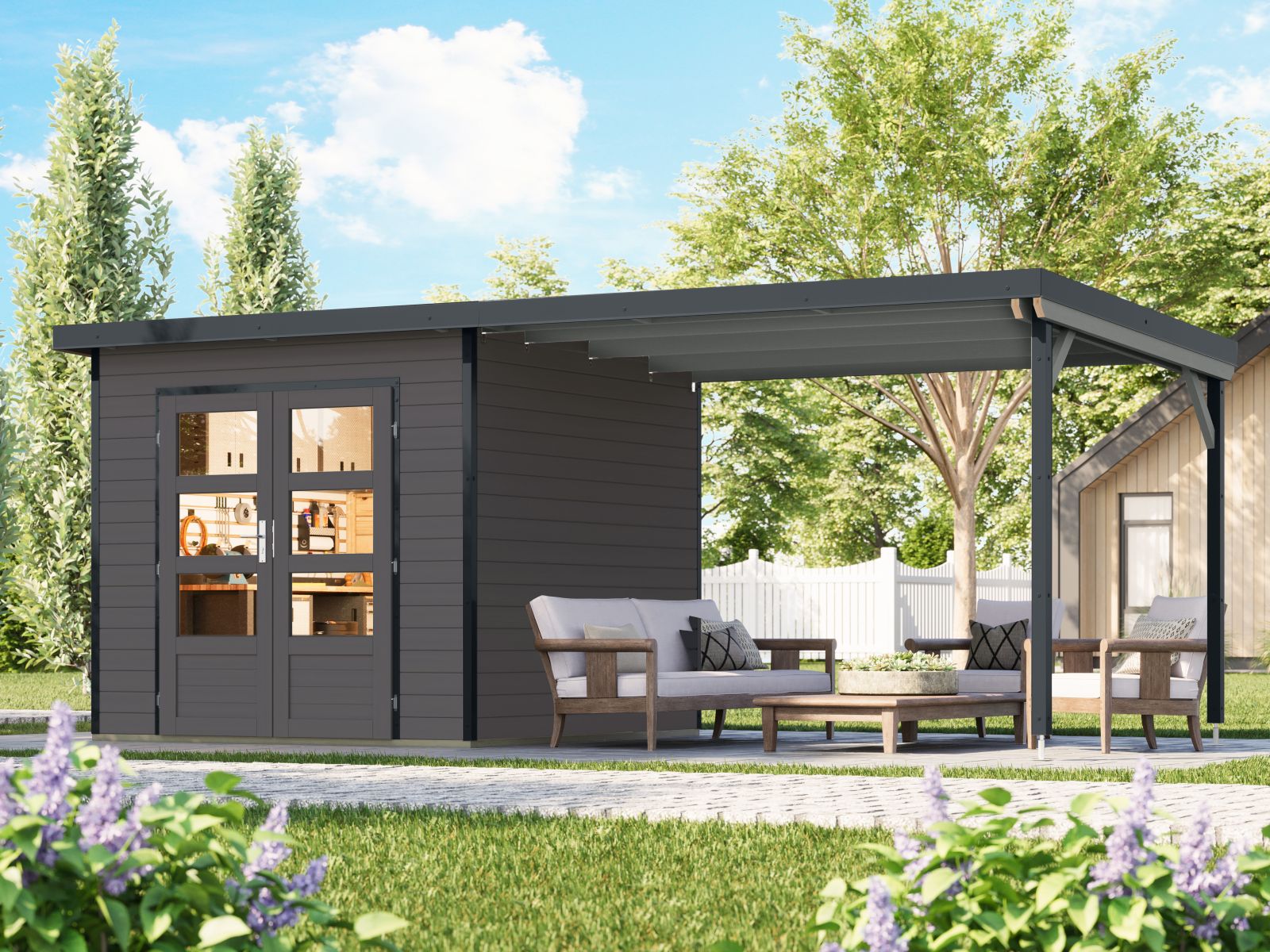 Karibu Hybrid Gartenhaus Pluto 3 B, terragrau/anthrazit, 28 mm, inkl. Anbaudach ca. 3m
