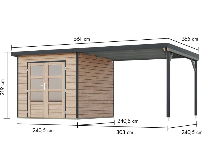 Karibu Hybrid Gartenhaus Pluto 3 A, naturbelassen/anthrazit, 28 mm, inkl. Anbaudach ca. 3m