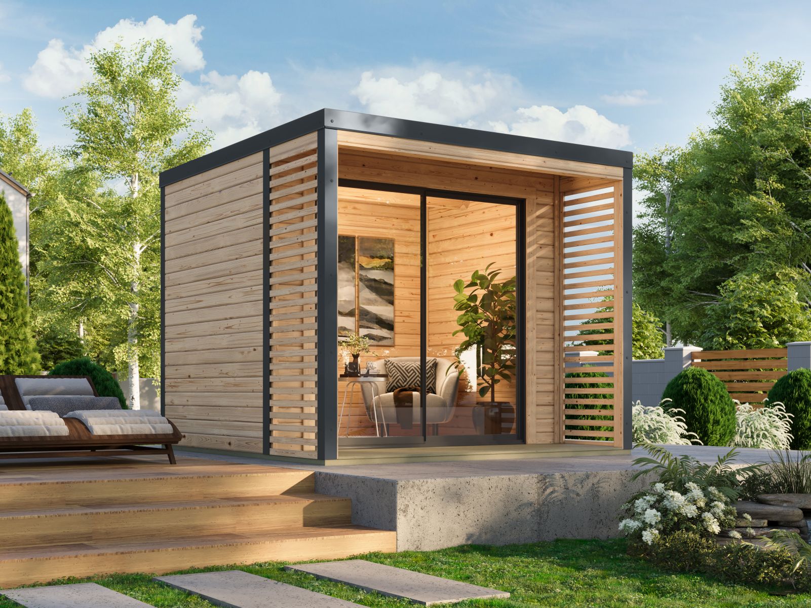 Karibu Hybrid Gartenhaus Saturn A, naturbelassen/anthrazit, 38 mm, inkl. Fußboden