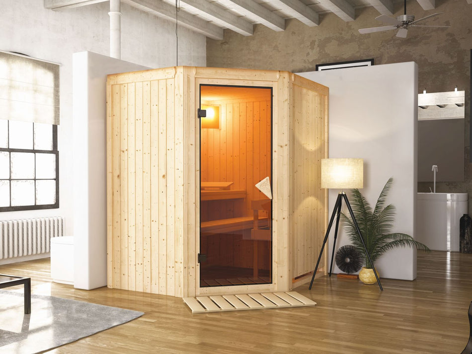 Karibu Sauna Taurin inkl. 9 kW Ofen integr. Steuerung, mit bronzierter Ganzglastür  - ohne Dachkranz