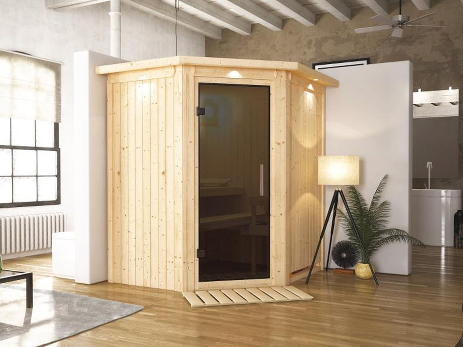 Karibu Sauna Taurin inkl. 9 kW Ofen integr. Steuerung, mit moderner Saunatür - mit Dachkranz -