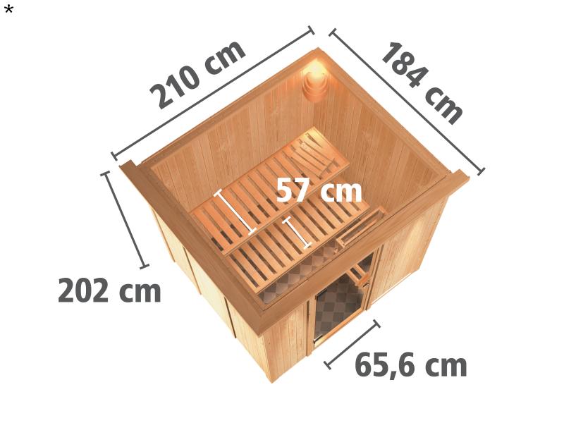 Daria - Karibu Sauna Plug & Play 3,6 kW Ofen, int. Steuerung - mit Dachkranz - Klarglas Ganzglastür