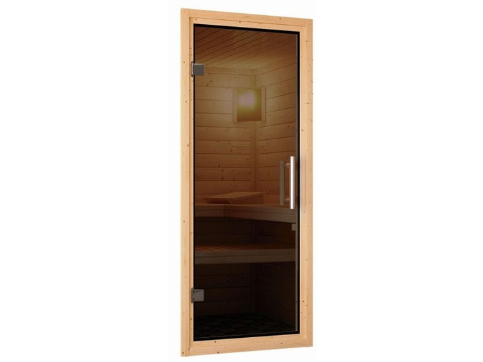 Fanja - Karibu Sauna Plug & Play 3,6 kW Ofen, ext. Steuerung - mit Dachkranz - Moderne Saunatür