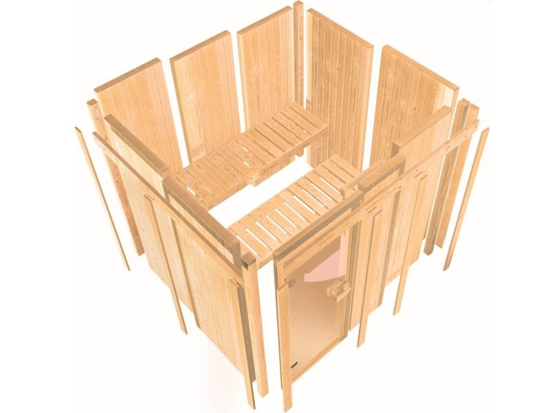 Fanja - Karibu Sauna Plug & Play ohne Ofen - mit Dachkranz - Moderne Saunatür