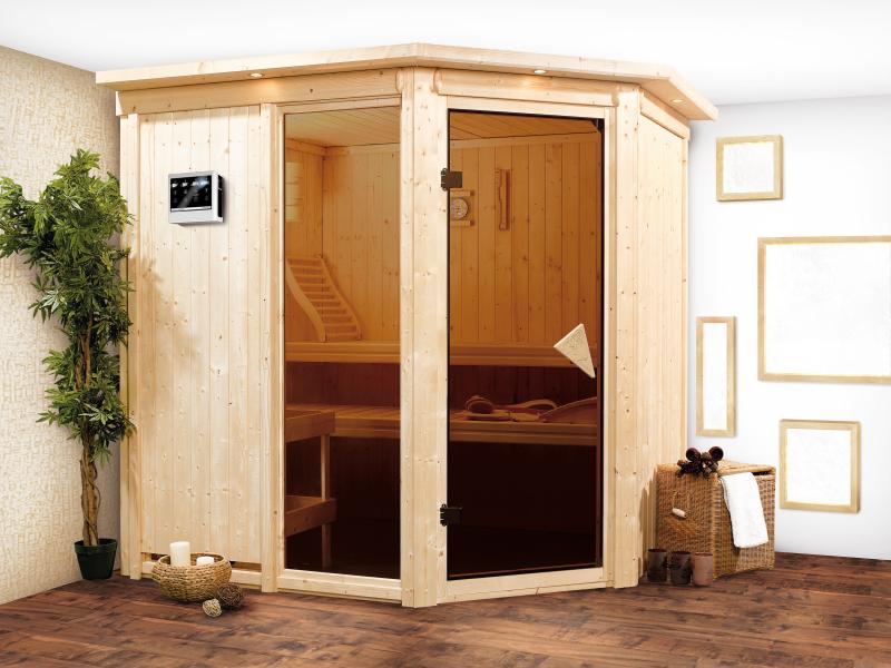 Fiona 2 - Karibu Sauna inkl. 9-kW-Bioofen - mit Dachkranz -