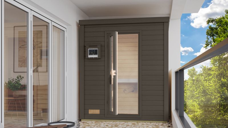 Karibu Saunahaus Hytti 0  38 mm - Ofen 9kW ext. Strg. - Iso Tür, terragrau