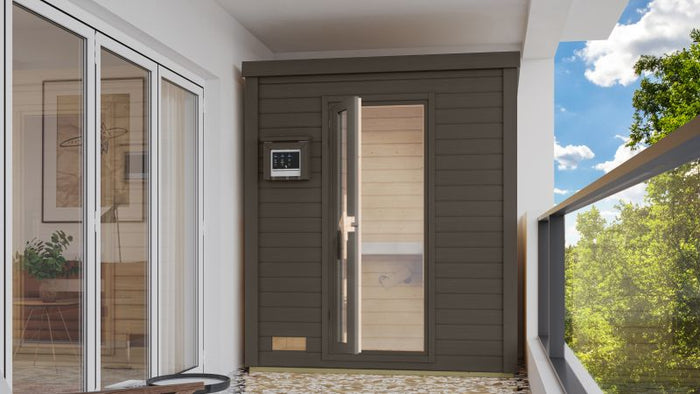 Karibu Saunahaus Hytti 0  38 mm - Ofen 9kW ext. Strg. - Iso Tür, terragrau