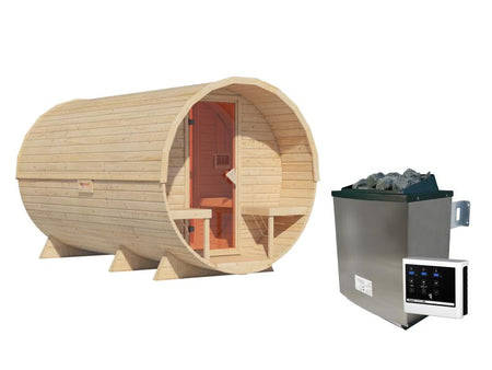 Karibu Fasssauna 3 inkl. 9 kW Ofen externe Steuerung - 38 mm mit Vorraum