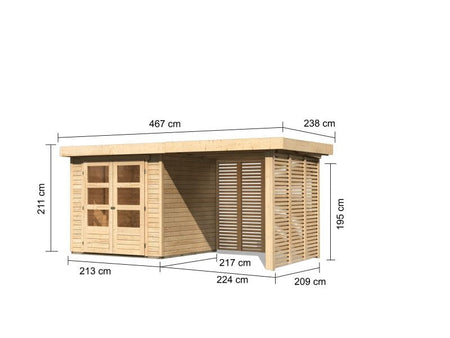 Karibu Gartenhaus Askola 2 inkl. 2,4 m Anbaudach mit Lamellenwänden