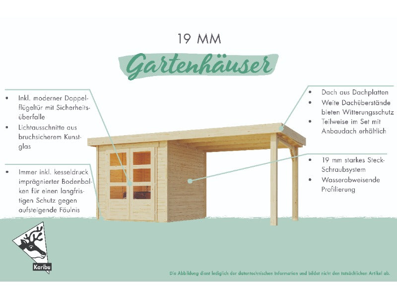 Karibu Gartenhaus Askola 2 terragrau mit Anbaudach 2,80 Meter, Seiten- und Rückwand