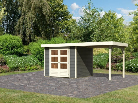 Karibu Gartenhaus Askola 3 in terragrau mit Anbaudach 2,40 Meter
