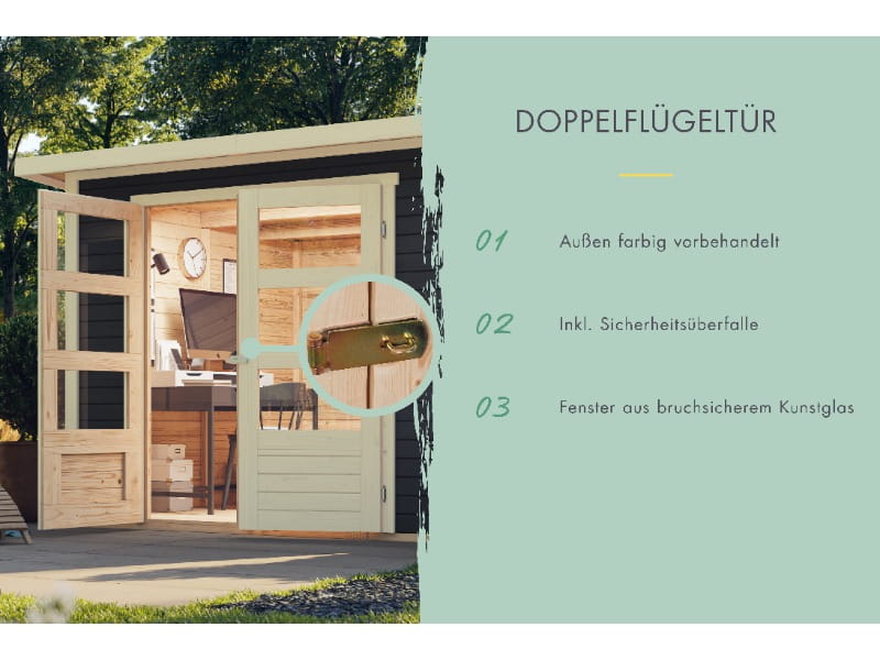 Karibu Gartenhaus Askola 3 in terragrau mit Anbaudach 2,80 Meter