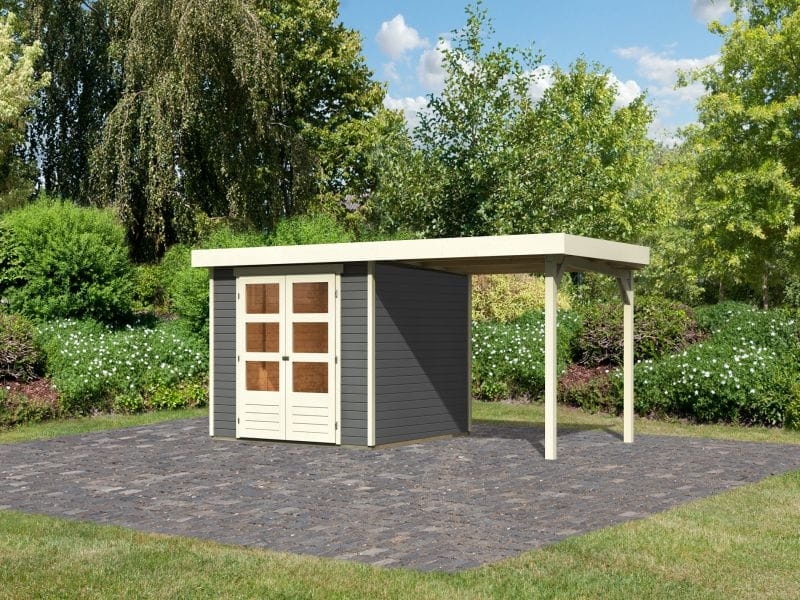 Karibu Gartenhaus Askola 3,5 mit Anbaudach 2,40 Meter terragrau