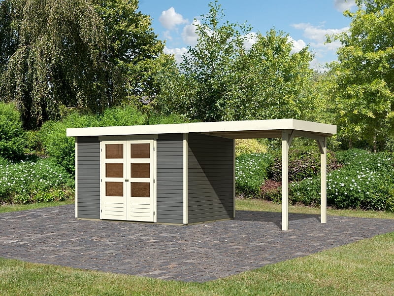 Karibu Gartenhaus Askola 4 in terragrau mit Anbaudach 2,40 Meter