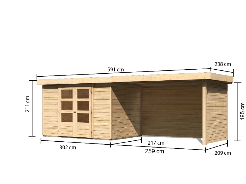 Karibu Gartenhaus Askola 4 mit Anbaudach 2,75 Meter, Seiten- und Rückwand