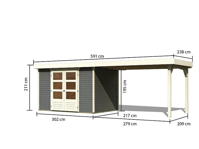 Karibu Gartenhaus Askola 4 terragrau mit Anbaudach 2,80 Meter