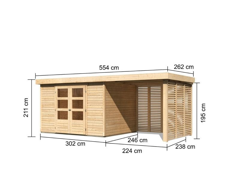 Karibu Gartenhaus Askola 5 mit Anbaudach 2,4 m, Lamellenwänden