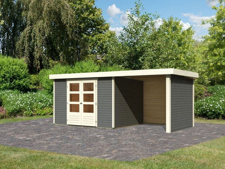 Karibu Gartenhaus Askola 5 mit Anbaudach 2,4 Meter, Seiten- und Rückwand in terragrau