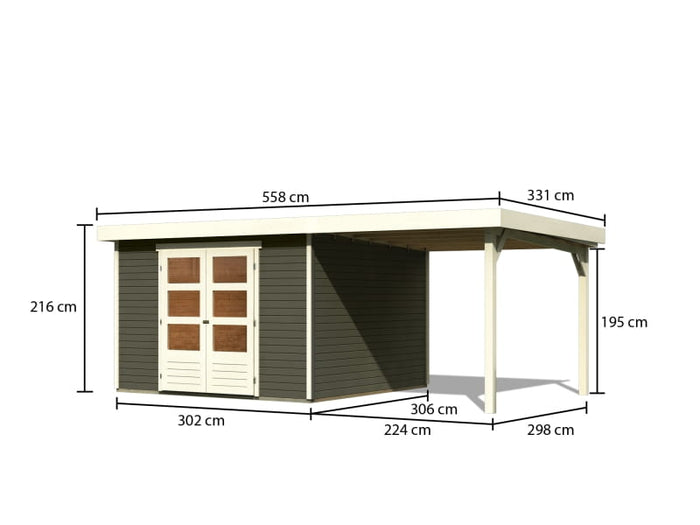 Karibu Gartenhaus Askola 6 in terragrau mit Anbaudach 2,4 Meter
