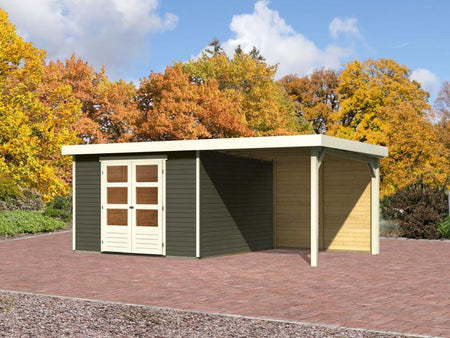 Karibu Gartenhaus Askola 6 in terragrau mit Anbaudach 2,4 Meter - Rückwand