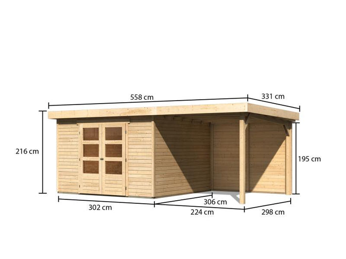 Karibu Gartenhaus Askola 6 natur mit Anbaudach 2,4 Meter - Rückwand