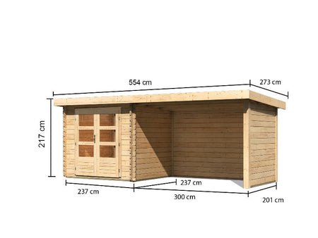 Karibu Gartenhaus Bastrup 2 mit Anbaudach 3 Meter inkl. Rück-und Seitenwand