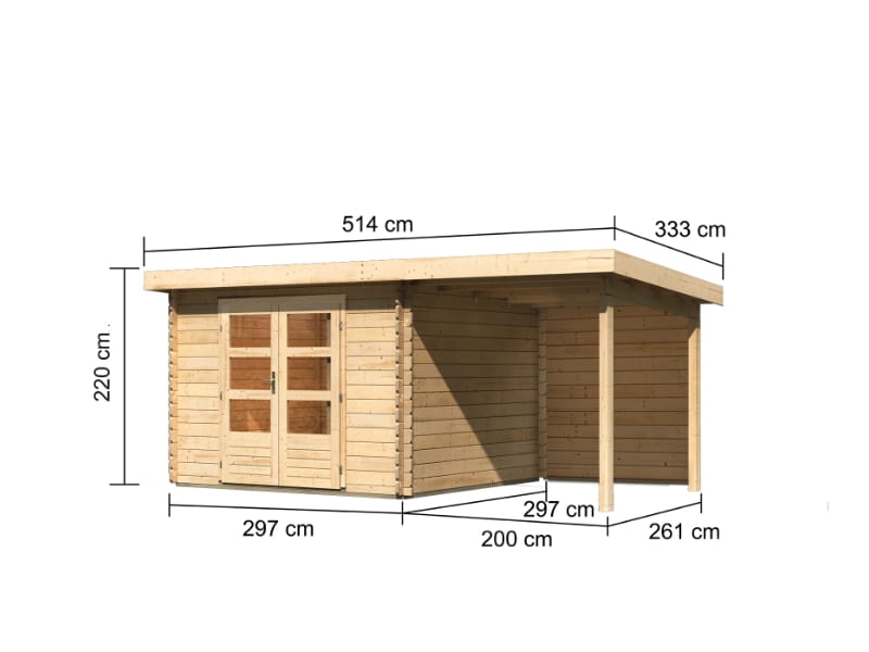 Karibu Gartenhaus Bastrup 5 mit Anbaudach 2 Meter inkl. Rückwand