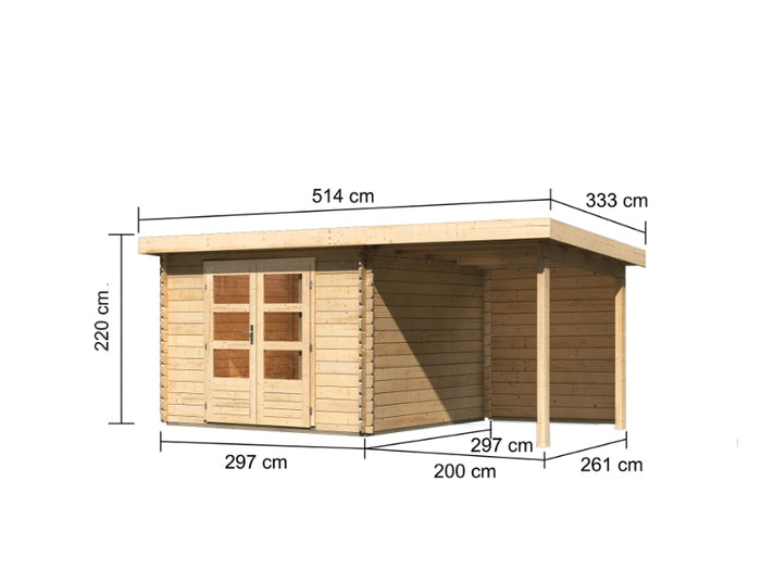 Karibu Gartenhaus Bastrup 7 mit Anbaudach 2 Meter inkl. Rückwand