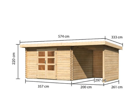 Karibu Gartenhaus Bastrup 7 mit Anbaudach 2 Meter, Rück- und Seitenwand