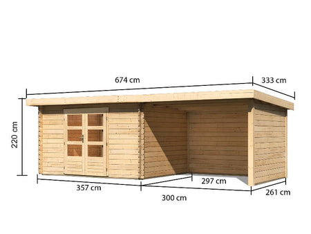 Karibu Gartenhaus Bastrup 7 mit Anbaudach 3 Meter, Rück- und Seitenwand