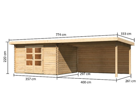 Karibu Gartenhaus Bastrup 7 mit Anbaudach 4 Meter inkl. Rückwand