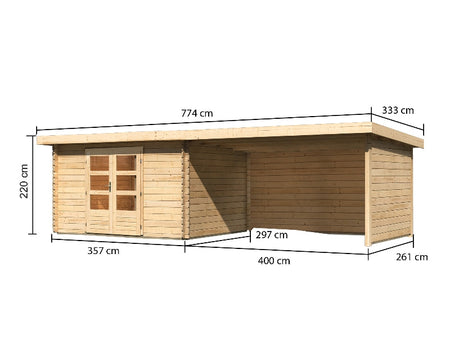 Karibu Gartenhaus Bastrup 7 mit Anbaudach 4 Meter inkl. Rück- und Seitenwand