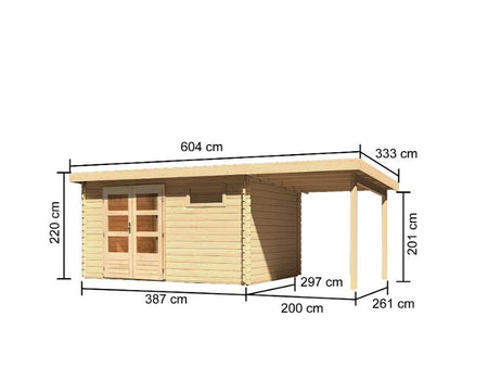 Karibu Gartenhaus Bastrup 8 mit Anbaudach 2 Meter naturbelassen