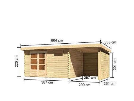 Karibu Gartenhaus Bastrup 8 mit Anbaudach 2 Meter, Rück- und Seitenwand