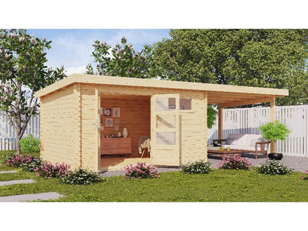 Karibu Gartenhaus Bastrup 8 mit Anbaudach 3 Meter natur