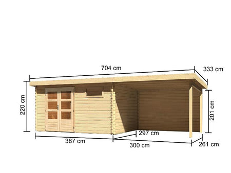 Karibu Gartenhaus Bastrup 8 mit Anbaudach 3 Meter inkl. Rückwand natur