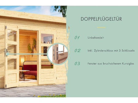 Karibu Gartenhaus Bastrup 8 mit Anbaudach 3 Meter, Rück- und Seitenwand