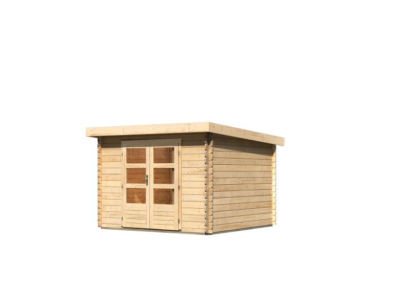 Karibu Gartenhaus Flora 5 natur,inkl. selbstklebende Dachbahn, Vlies und Wurzelschutzfolie (für Dach