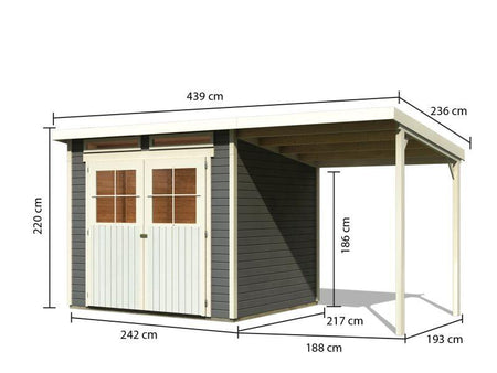 Karibu Gartenhaus Glücksburg 4 in terragrau mit Anbaudach 1,90 Meter