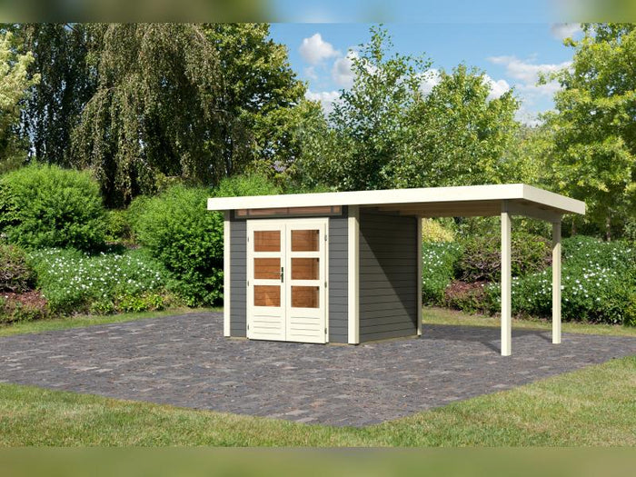 Karibu Gartenhaus Kandern 2 mit Anbaudach 2,35 m, terragrau