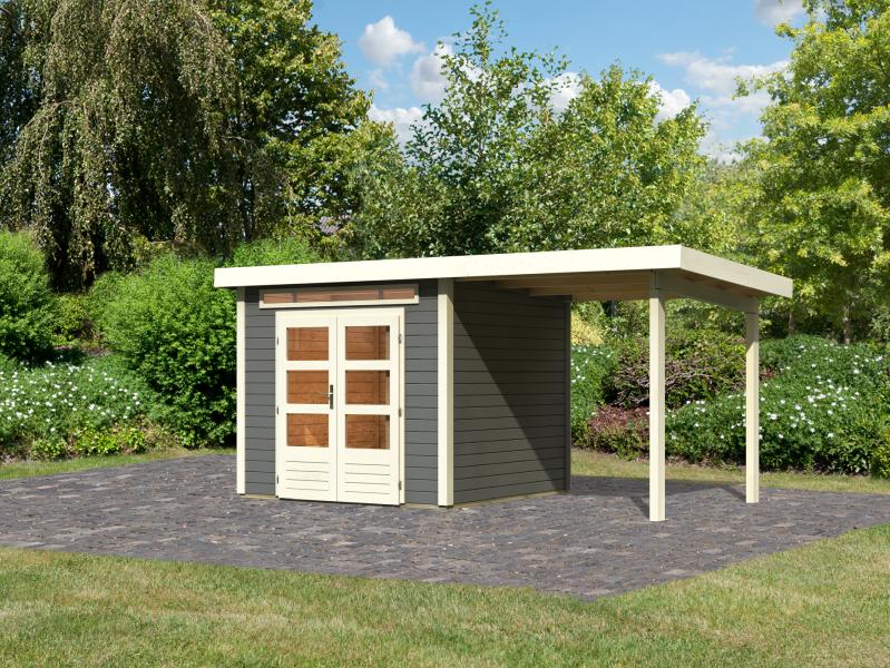 Karibu Gartenhaus Kandern 3 mit Anbaudach 2,35 m, terragrau