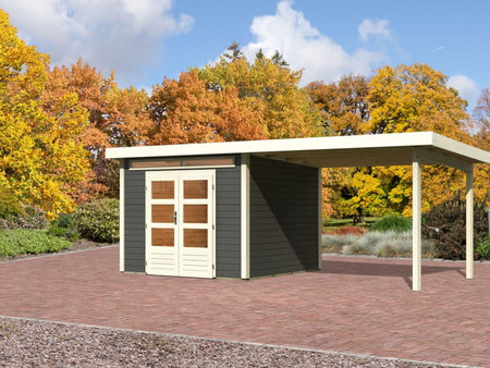 Karibu Gartenhaus Kandern 6 in terragrau mit Anbaudach 3,2 Meter