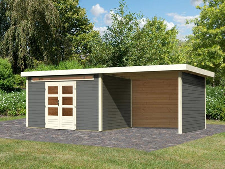 Karibu Gartenhaus Kandern 7 in terragrau mit Anbaudach 3,20 Meter inkl. Rück- und Seitenwand