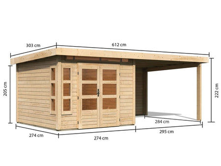 Karibu Gartenhaus Kastorf 6 - natur mit Anbaudach 3,2 m und 28 mm Rückwand
