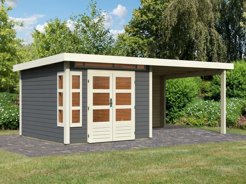 Karibu Gartenhaus Kastorf 6 - terragrau mit Anbaudach 3,2 m und 28 mm Rückwand
