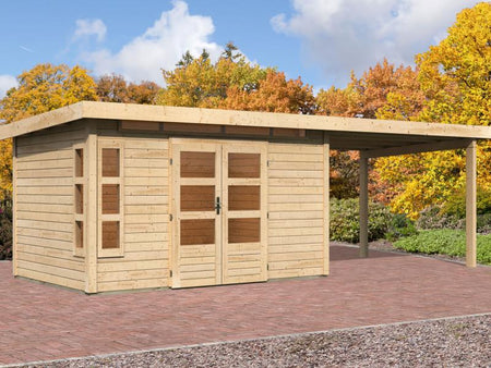 Karibu Gartenhaus Kastorf 7 - natur mit Anbaudach 3,2 m