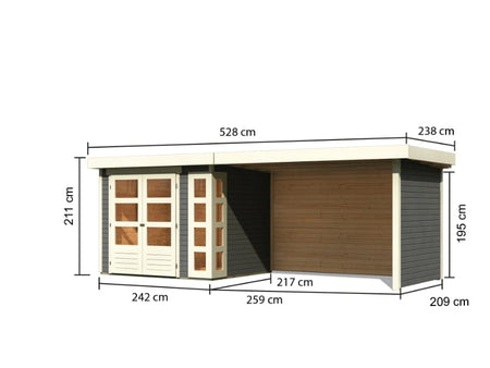 Karibu Gartenhaus Kerko 3 in terragrau mit 2,80 m Anbaudach inklusive Rück-und Seitenwand