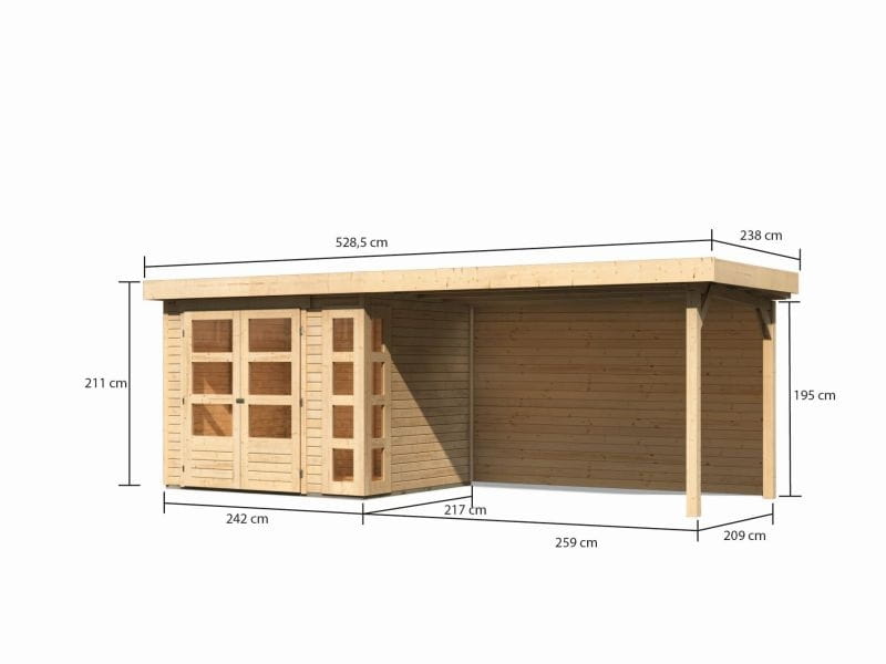 Karibu Gartenhaus Kerko 3 natur mit Anbaudach 2,80 m inkl. Rückwand