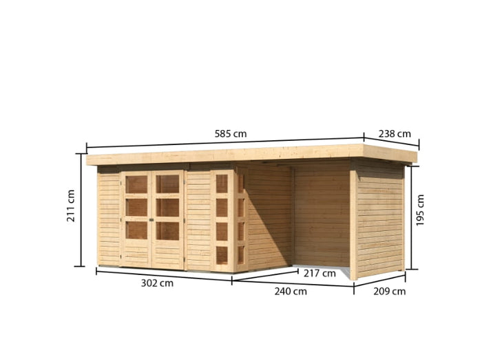 Karibu Gartenhaus Kerko 4 natur mit Anbaudach 2,40 m und Rück-und Seitenwand