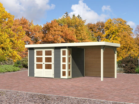 Karibu Gartenhaus Kerko 4 terragrau mit Anbaudach 2,40 m, Rückwand